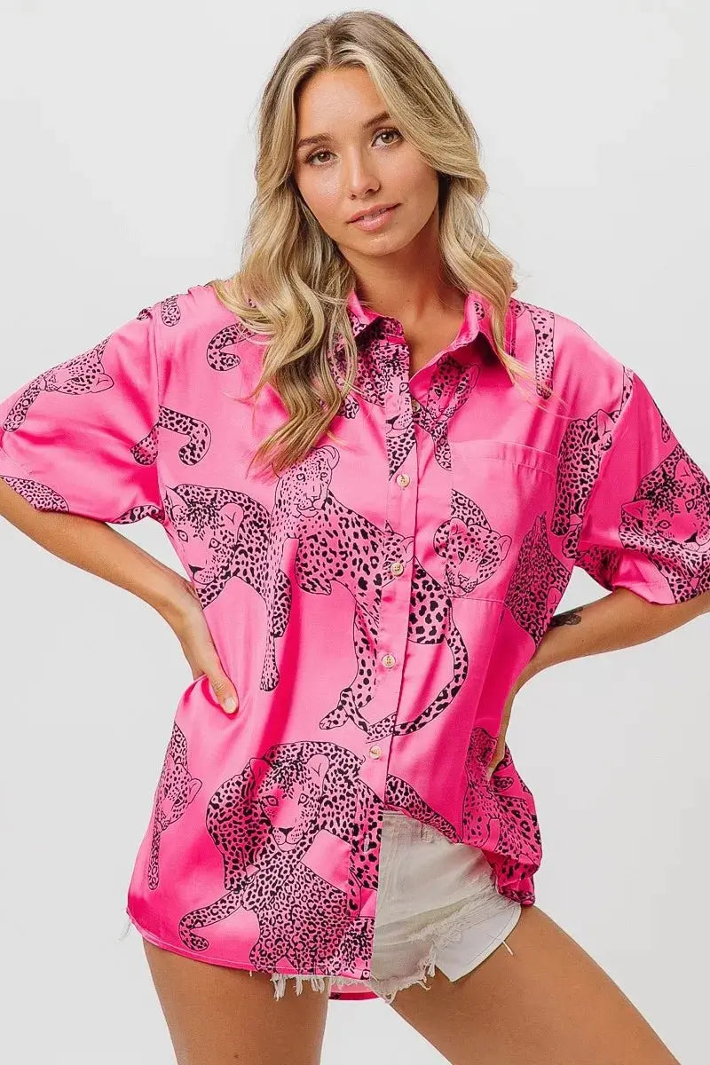 BiBi Leopard Print Short Sleeve Silky Satin Shirt Top - Love Salve